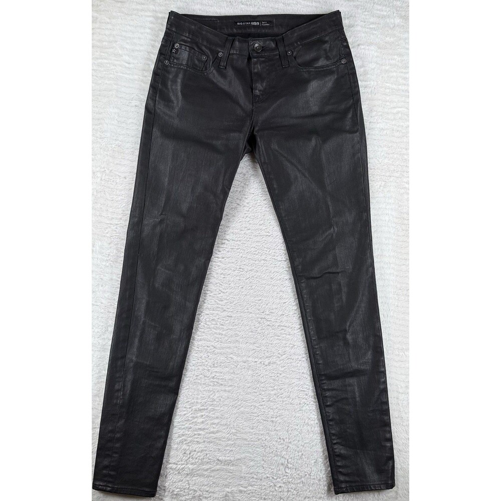 Big Star Envy Cigarette Black Shiny Wax Coat Faux Leather Jeans Sz 28 X 31.5